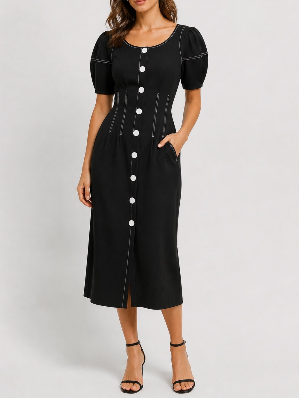 Sea New York Kamille Midi Dress Cotton Puff Sleeve Pockets Stretch Black Size 8